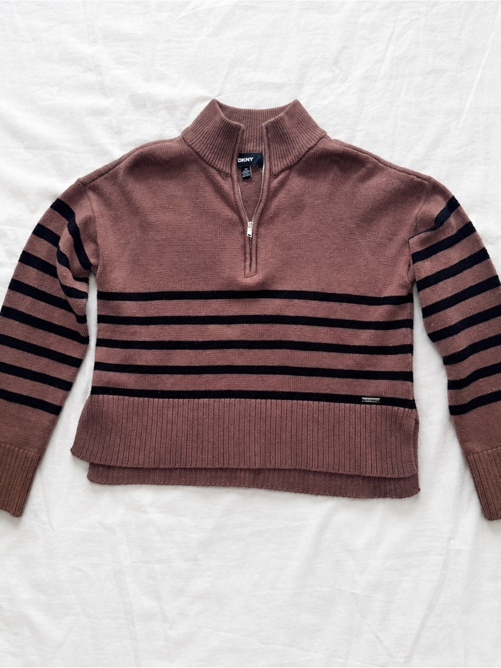 DKNY US Small Brown & Black Half-Zip Striped Turtleneck Sweater